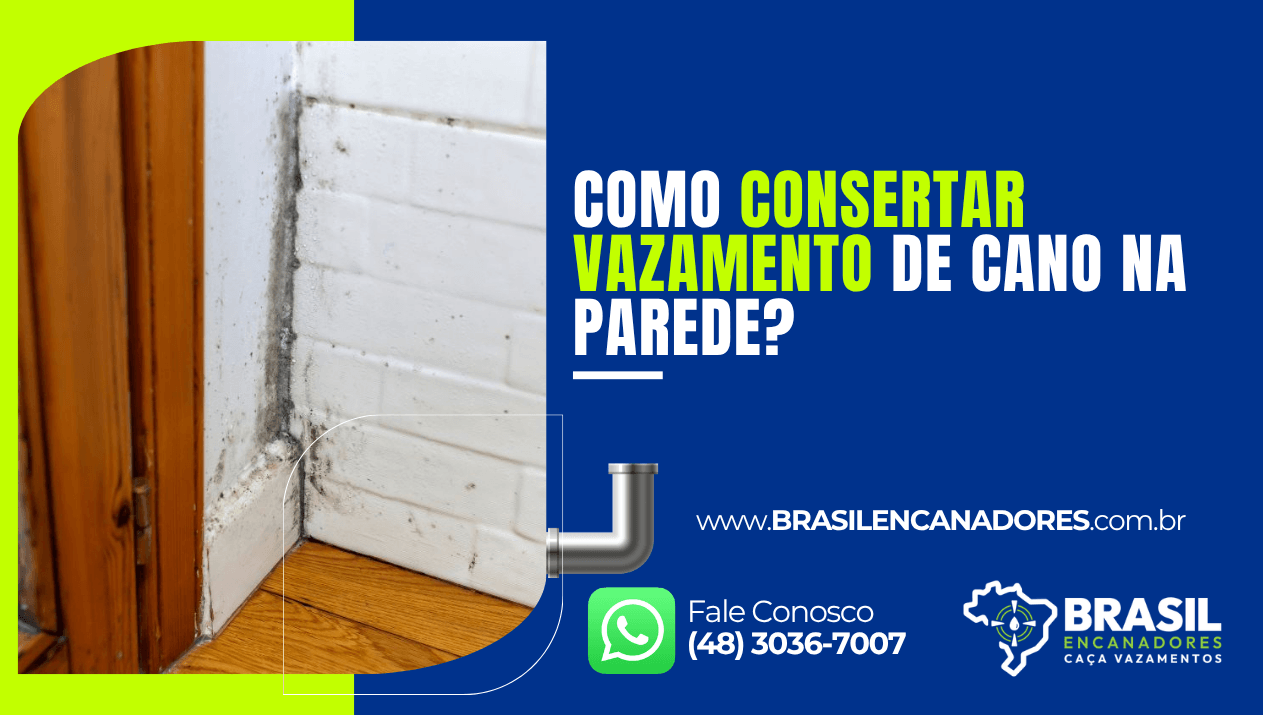 Arte publicitária sobre Como consertar vazamento de cano na parede com imagem de infiltração e mofo próximo ao rodapé em ambiente residencial.