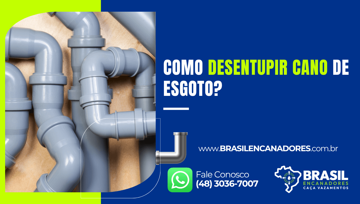 Ilustração com tubulações de PVC e o título Como desentupir cano de esgoto em material informativo