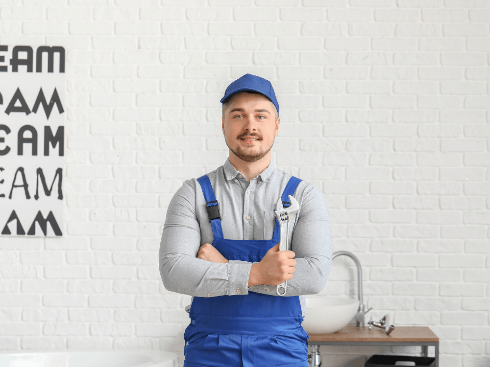 Encanador com uniforme azul segura uma chave inglesa em um ambiente com pia, representando serviços de manutenção hidráulica residencial.